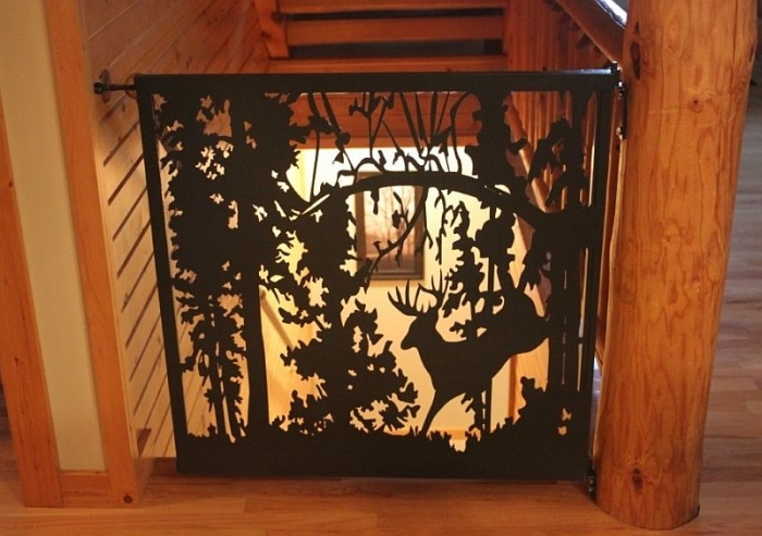 metal gate insert panel deer jumping in forest